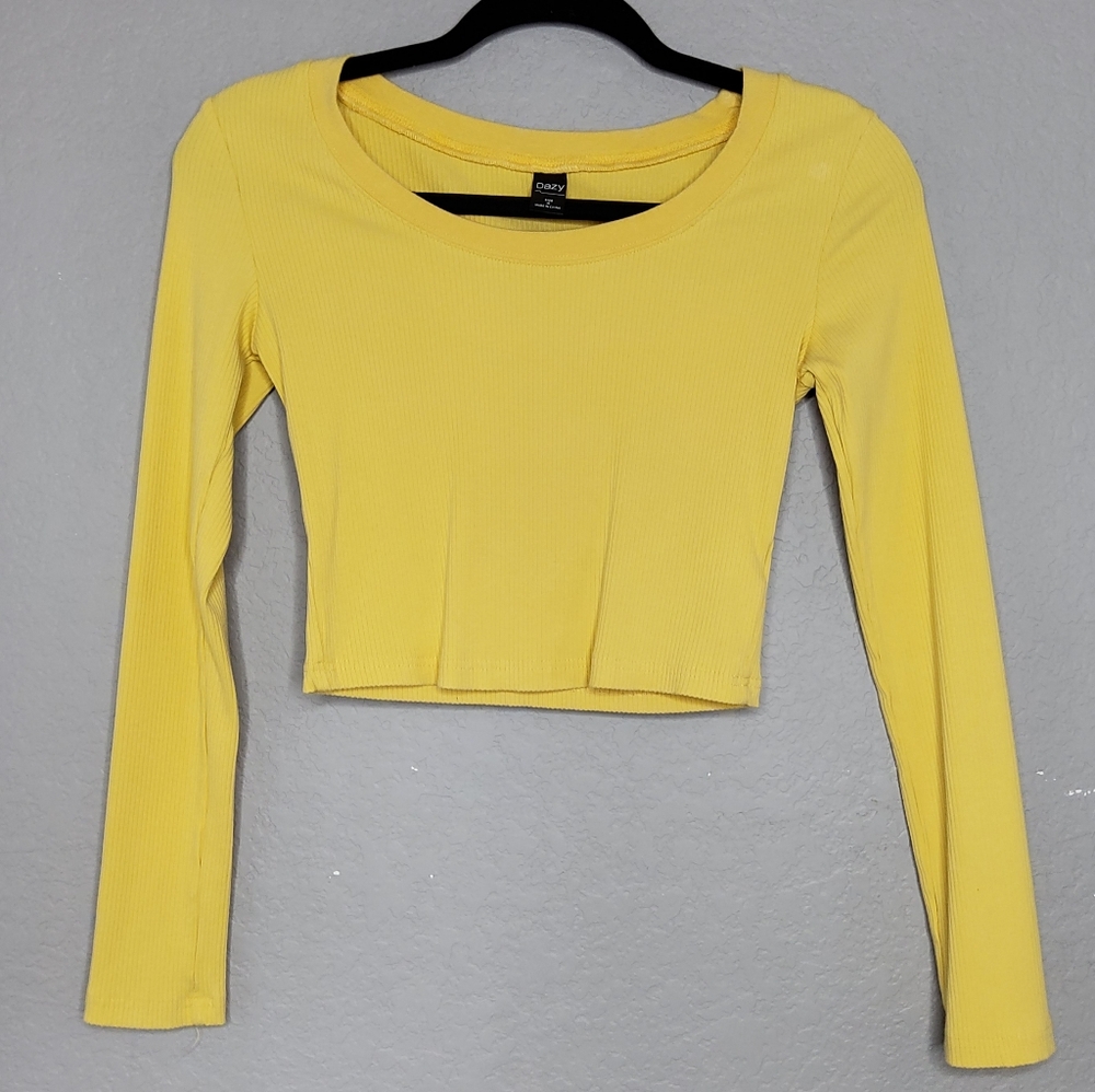 Daisy Street Yellow Ribbed Long-Sleeve Crop Top